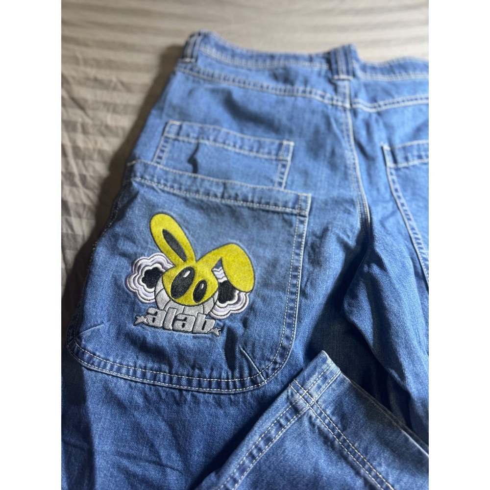A-Lab Mens Wide Leg Baggy Denim Jeans Blue Embroidered Bunny Skater‎ 36x31